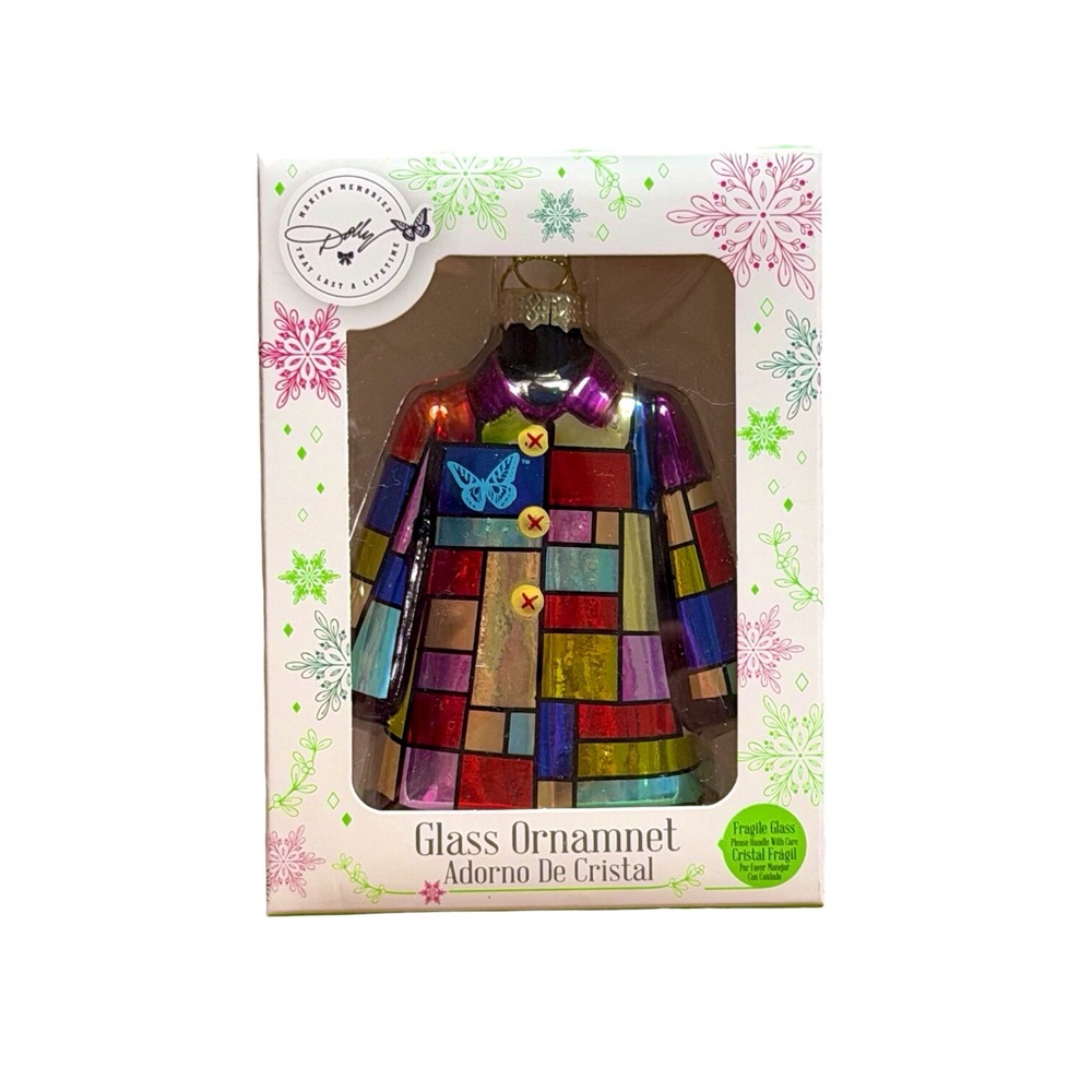 Dolly Parton Coat of Many Colors Patchwork Christmas Glass Ornament new in box